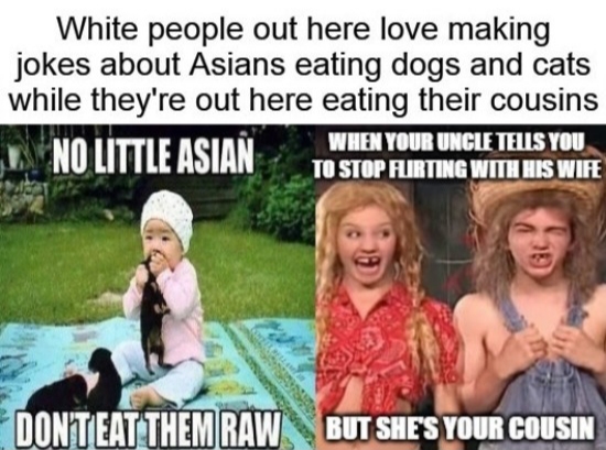 High Quality Asian Eating Pets vs Rednecks Eating Cousins Blank Meme Template