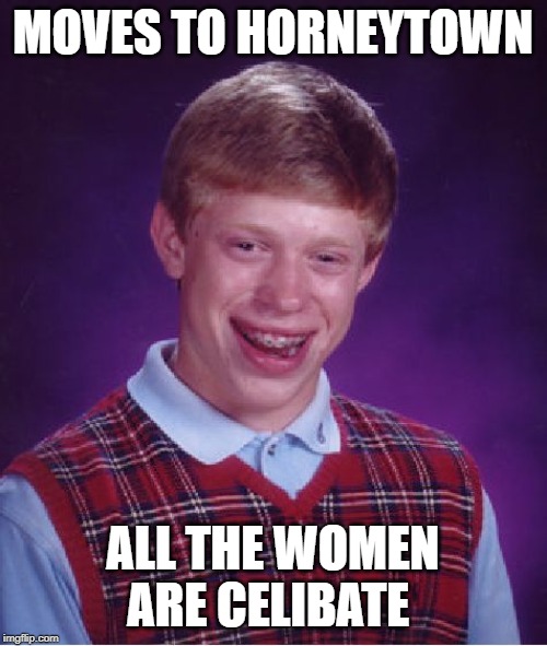Bad Luck Brian Meme | MOVES TO HORNEYTOWN ALL THE WOMEN ARE CELIBATE | image tagged in memes,bad luck brian | made w/ Imgflip meme maker