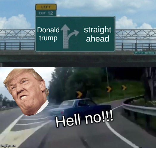 Left Exit 12 Off Ramp Meme | Donald trump; straight ahead; Hell no!!! | image tagged in memes,left exit 12 off ramp | made w/ Imgflip meme maker