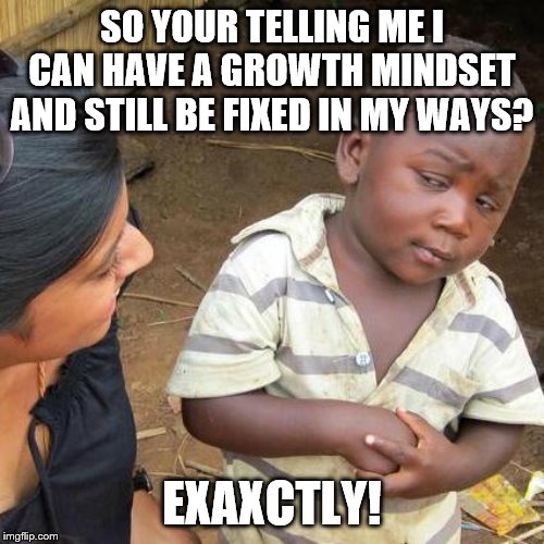Third World Skeptical Kid | SO YOUR TELLING ME I CAN HAVE A GROWTH MINDSET AND STILL BE FIXED IN MY WAYS? EXAXCTLY! | image tagged in memes,third world skeptical kid | made w/ Imgflip meme maker