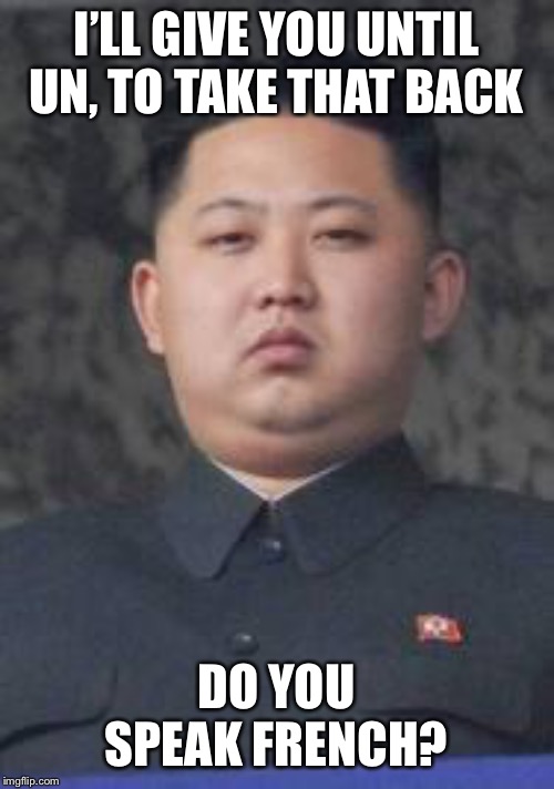 Kim Jong Un | I’LL GIVE YOU UNTIL UN, TO TAKE THAT BACK DO YOU SPEAK FRENCH? | image tagged in kim jong un | made w/ Imgflip meme maker