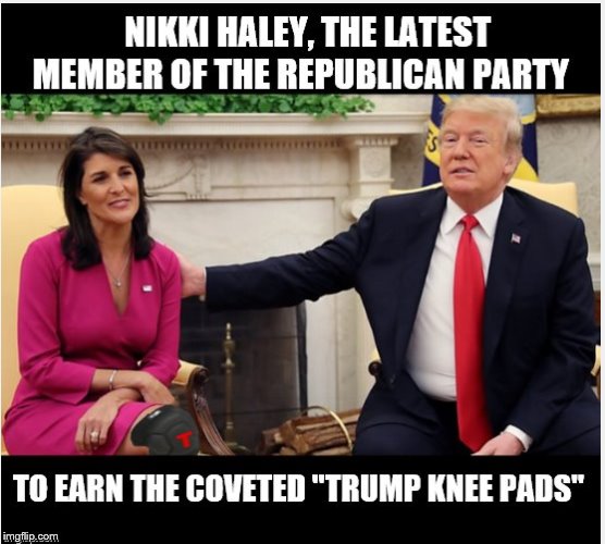 A NEW LOW... | image tagged in nikki haley,take a knee,donald trump,impeach trump,trump is a moron | made w/ Imgflip meme maker