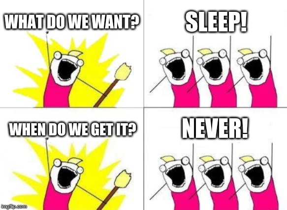 What Do We Want | WHAT DO WE WANT? SLEEP! NEVER! WHEN DO WE GET IT? | image tagged in memes,what do we want | made w/ Imgflip meme maker
