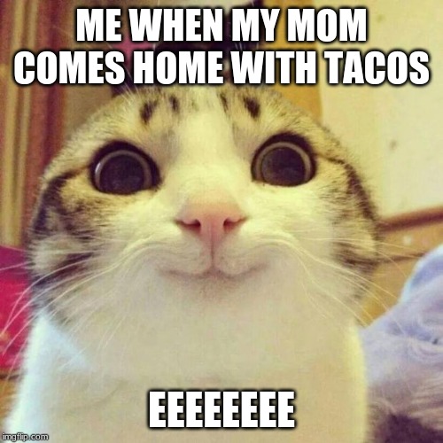 Smiling Cat | ME WHEN MY MOM COMES HOME WITH TACOS; EEEEEEEE | image tagged in memes,smiling cat | made w/ Imgflip meme maker