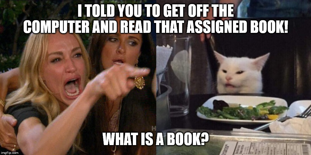 Woman yelling at cat | I TOLD YOU TO GET OFF THE COMPUTER AND READ THAT ASSIGNED BOOK! WHAT IS A BOOK? | image tagged in woman yelling at cat | made w/ Imgflip meme maker
