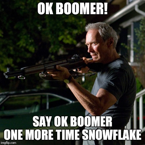 don't make old people mad - eastwood | OK BOOMER! SAY OK BOOMER ONE MORE TIME SNOWFLAKE | image tagged in don't make old people mad - eastwood | made w/ Imgflip meme maker