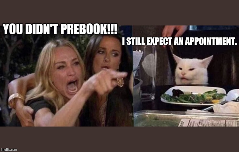 woman yelling at cat | YOU DIDN'T PREBOOK!!! I STILL EXPECT AN APPOINTMENT. | image tagged in woman yelling at cat | made w/ Imgflip meme maker