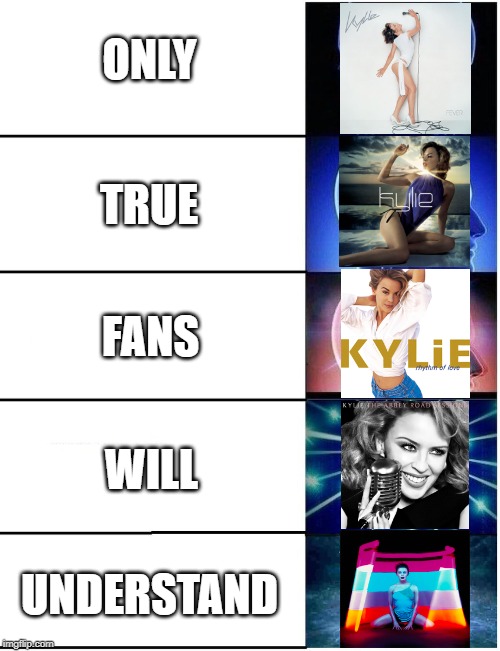 Only Built 4 True Kylie fans | ONLY; TRUE; FANS; WILL; UNDERSTAND | image tagged in expanding brain 5 panel,1990s,music | made w/ Imgflip meme maker