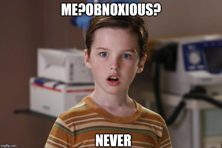 Young Sheldon | ME?OBNOXIOUS? NEVER | image tagged in young sheldon | made w/ Imgflip meme maker