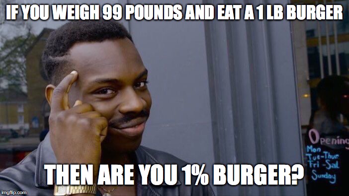 Roll Safe Think About It Meme | IF YOU WEIGH 99 POUNDS AND EAT A 1 LB BURGER; THEN ARE YOU 1% BURGER? | image tagged in memes,roll safe think about it | made w/ Imgflip meme maker