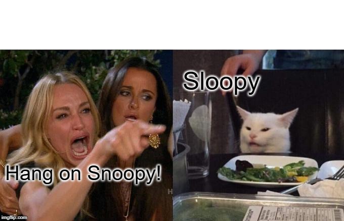 Hang on | Sloopy; Hang on Snoopy! | image tagged in memes,woman yelling at cat | made w/ Imgflip meme maker