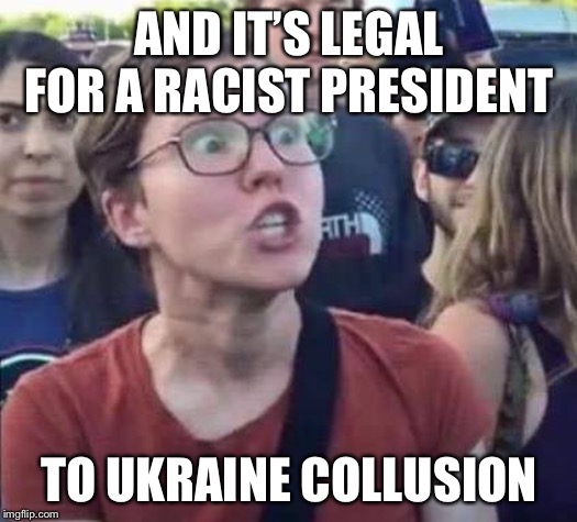 Angry Liberal | AND IT’S LEGAL FOR A RACIST PRESIDENT TO UKRAINE COLLUSION | image tagged in angry liberal | made w/ Imgflip meme maker