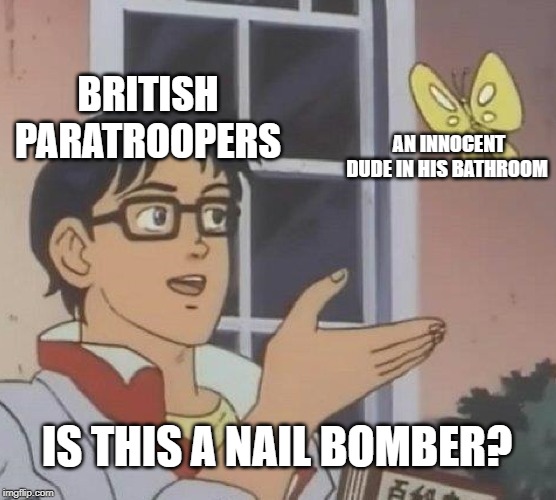 Is This A Pigeon Meme | BRITISH PARATROOPERS; AN INNOCENT DUDE IN HIS BATHROOM; IS THIS A NAIL BOMBER? | image tagged in memes,is this a pigeon | made w/ Imgflip meme maker