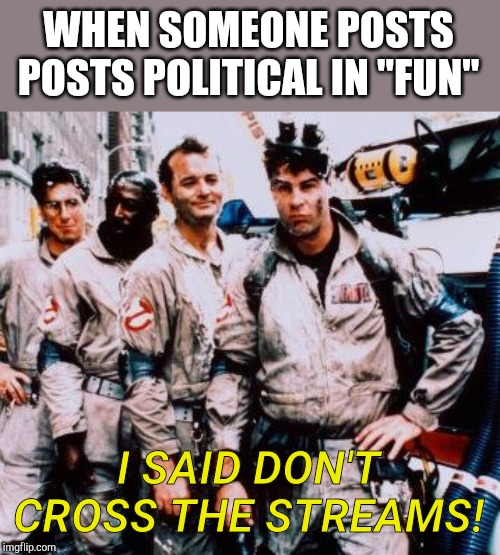 Don't cross the streams | WHEN SOMEONE POSTS POSTS POLITICAL IN "FUN"; I SAID DON'T CROSS THE STREAMS! | image tagged in ghost busters | made w/ Imgflip meme maker