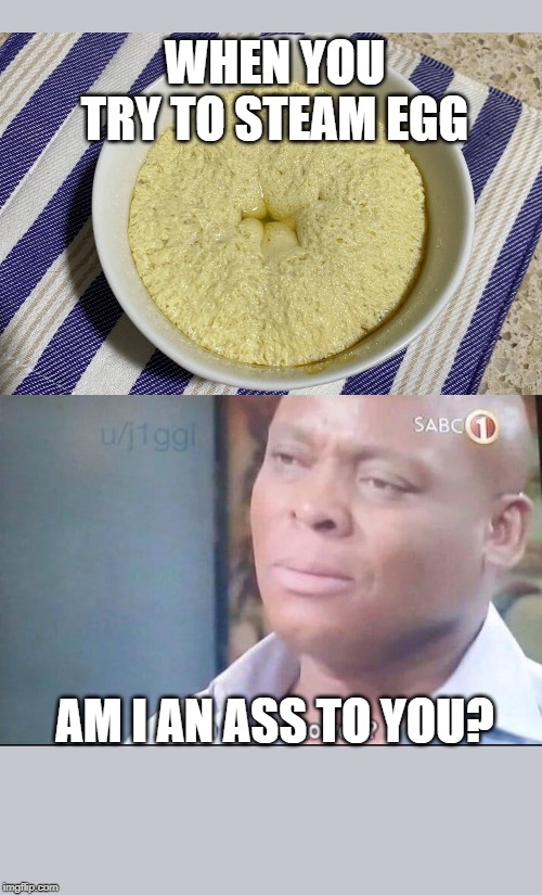 am I a joke to you | WHEN YOU TRY TO STEAM EGG; AM I AN ASS TO YOU? | image tagged in am i a joke to you | made w/ Imgflip meme maker