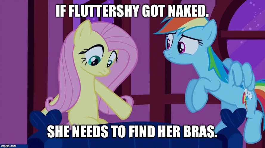 Fluttershy got naked on her bed. | IF FLUTTERSHY GOT NAKED. SHE NEEDS TO FIND HER BRAS. | image tagged in fluttershy,rainbow dash,naked,bed,mlp fim | made w/ Imgflip meme maker