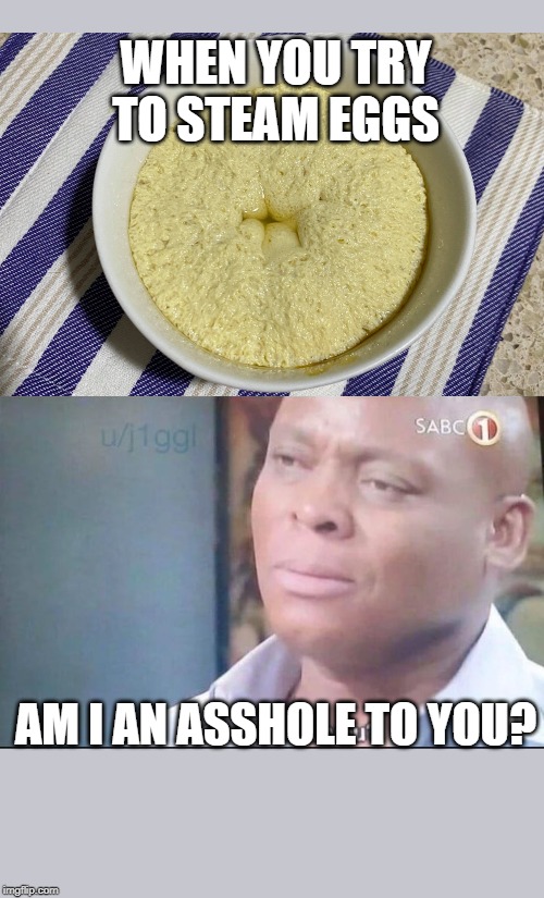 am I a joke to you | WHEN YOU TRY TO STEAM EGGS; AM I AN ASSHOLE TO YOU? | image tagged in am i a joke to you | made w/ Imgflip meme maker