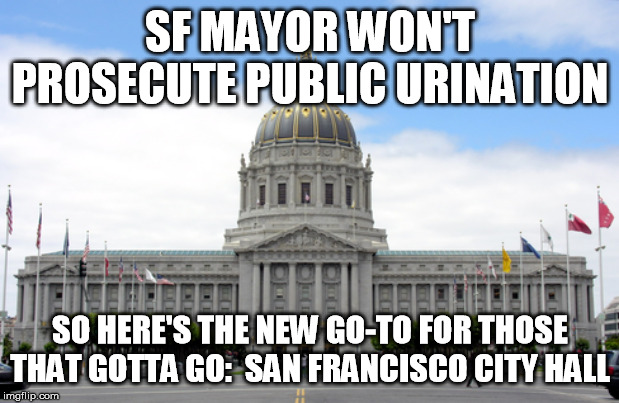 SF MAYOR WON'T PROSECUTE PUBLIC URINATION SO HERE'S THE NEW GO-TO FOR THOSE THAT GOTTA GO:  SAN FRANCISCO CITY HALL | made w/ Imgflip meme maker