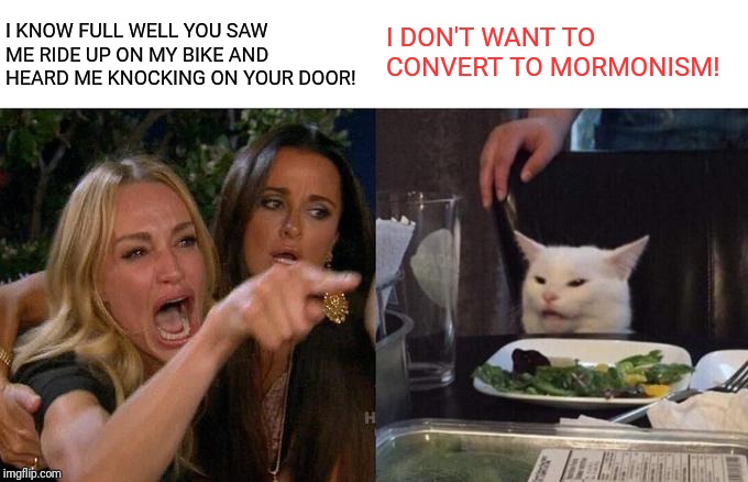 MORMONS.. KNOW WHY MANY OF THEM AREN'T MARRIED? THEY CAN'T HANDLE REJECTION VERY WELL.. ESPECIALLY AT YOUR DOORSTEP | I KNOW FULL WELL YOU SAW ME RIDE UP ON MY BIKE AND HEARD ME KNOCKING ON YOUR DOOR! I DON'T WANT TO CONVERT TO MORMONISM! | image tagged in memes,woman yelling at cat | made w/ Imgflip meme maker