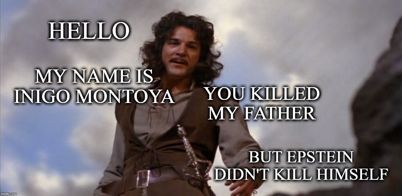 HELLO; MY NAME IS INIGO MONTOYA; YOU KILLED MY FATHER; BUT EPSTEIN DIDN'T KILL HIMSELF | image tagged in inigo montoya,jeffrey epstein,lies,cover up,fake news | made w/ Imgflip meme maker