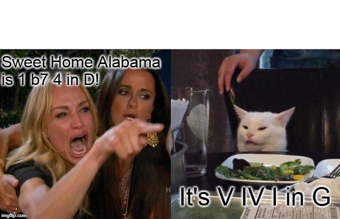 Woman Yelling At Cat | Sweet Home Alabama
is 1 b7 4 in D! It's V IV I in G | image tagged in memes,woman yelling at cat | made w/ Imgflip meme maker