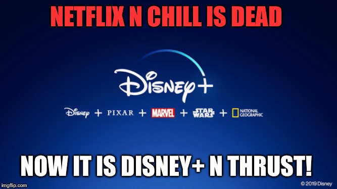 NETFLIX N CHILL IS DEAD; NOW IT IS DISNEY+ N THRUST! | image tagged in funny meme | made w/ Imgflip meme maker