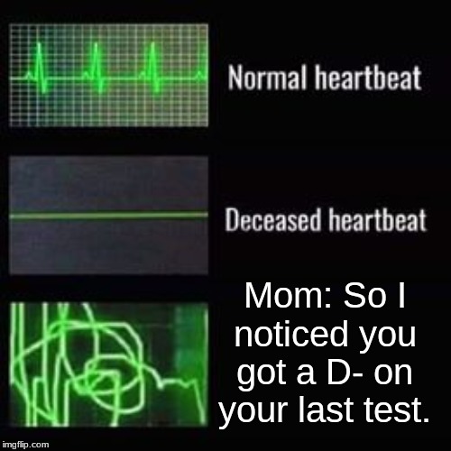 He is very dead. | Mom: So I noticed you got a D- on your last test. | image tagged in heartbeat rate,funny,meme,mom | made w/ Imgflip meme maker
