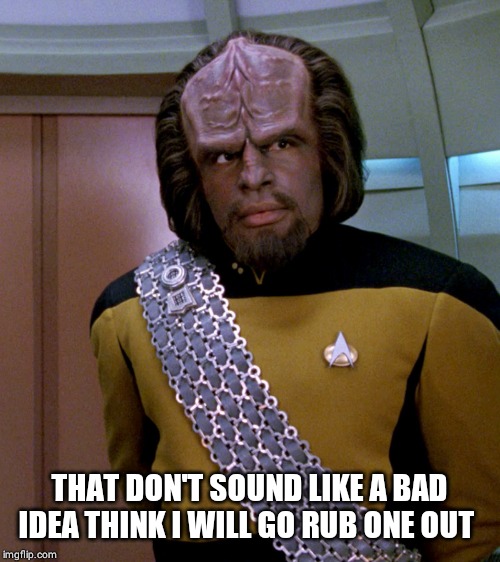 Lt Worf - Not A Good Idea Sir | THAT DON'T SOUND LIKE A BAD IDEA THINK I WILL GO RUB ONE OUT | image tagged in lt worf - not a good idea sir | made w/ Imgflip meme maker
