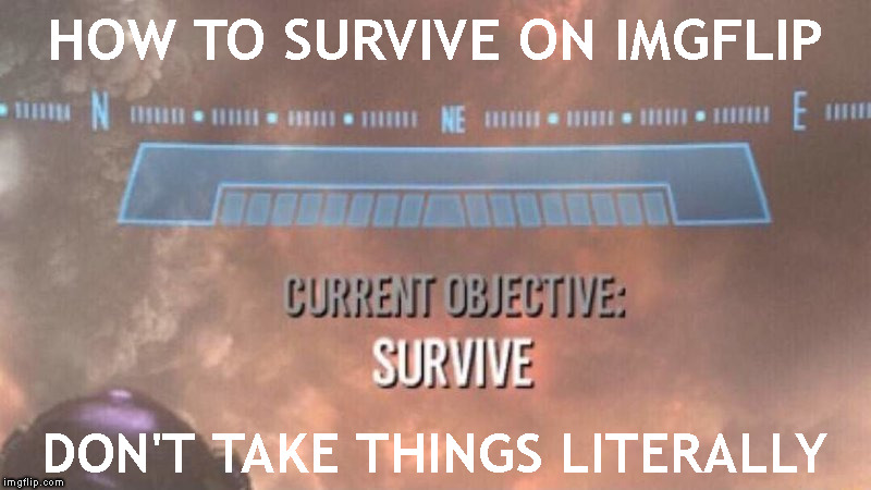 Current Objective: Survive | HOW TO SURVIVE ON IMGFLIP DON'T TAKE THINGS LITERALLY | image tagged in current objective survive | made w/ Imgflip meme maker
