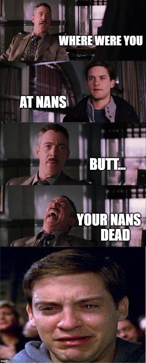 Peter Parker Cry Meme | WHERE WERE YOU; AT NANS; BUTT... YOUR NANS      DEAD | image tagged in memes,peter parker cry | made w/ Imgflip meme maker