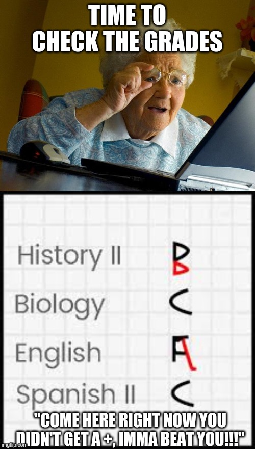 TIME TO CHECK THE GRADES "COME HERE RIGHT NOW YOU DIDN'T GET A +, IMMA BEAT YOU!!!" | image tagged in memes,grandma finds the internet | made w/ Imgflip meme maker