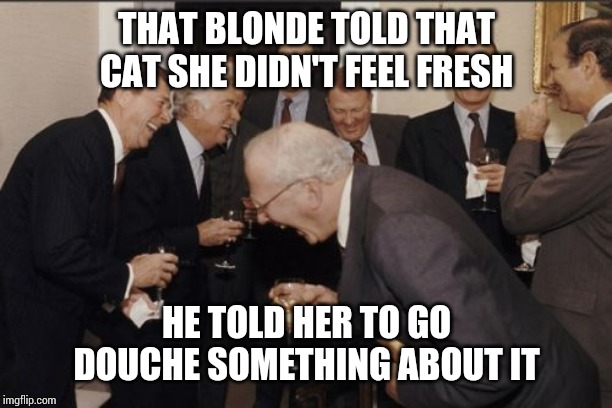 Laughing Men In Suits Meme | THAT BLONDE TOLD THAT CAT SHE DIDN'T FEEL FRESH; HE TOLD HER TO GO DOUCHE SOMETHING ABOUT IT | image tagged in memes,laughing men in suits | made w/ Imgflip meme maker
