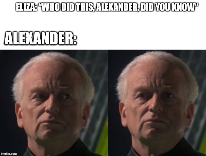 Palatine not me | ELIZA: “WHO DID THIS, ALEXANDER, DID YOU KNOW“; ALEXANDER: | image tagged in palatine not me,hamiltonmemes | made w/ Imgflip meme maker