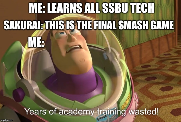 years of academy training wasted | SAKURAI: THIS IS THE FINAL SMASH GAME; ME: LEARNS ALL SSBU TECH; ME: | image tagged in years of academy training wasted | made w/ Imgflip meme maker