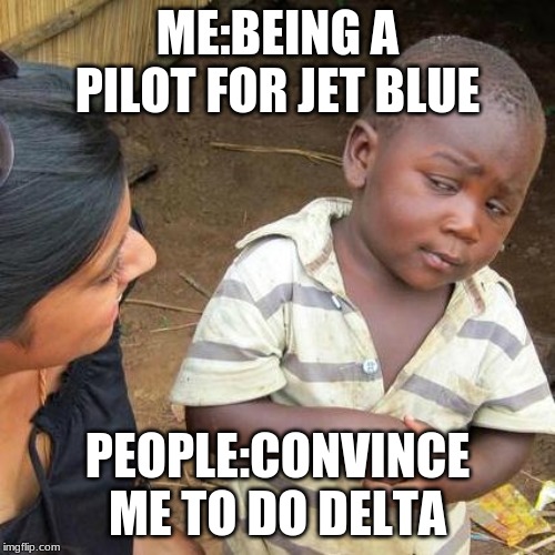 Third World Skeptical Kid Meme | ME:BEING A PILOT FOR JET BLUE; PEOPLE:CONVINCE ME TO DO DELTA | image tagged in memes,third world skeptical kid | made w/ Imgflip meme maker