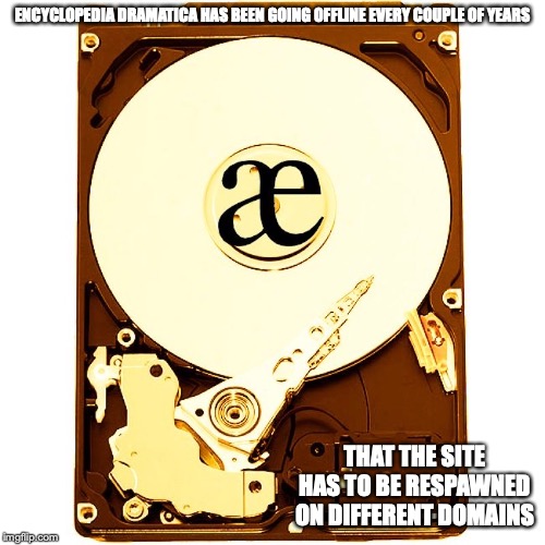 Encyclopedia Dramatica Hard Drive | ENCYCLOPEDIA DRAMATICA HAS BEEN GOING OFFLINE EVERY COUPLE OF YEARS; THAT THE SITE HAS TO BE RESPAWNED ON DIFFERENT DOMAINS | image tagged in encyclopedia dramatica,hard drive,memes | made w/ Imgflip meme maker
