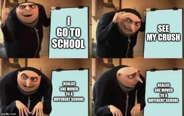 Gru's Plan | I GO TO SCHOOL; SEE MY CRUSH; REALIZE SHE MOVED TO A DIFFERENT SCHOOL; REALIZE SHE MOVED TO A DIFFERENT SCHOOL | image tagged in gru's plan | made w/ Imgflip meme maker