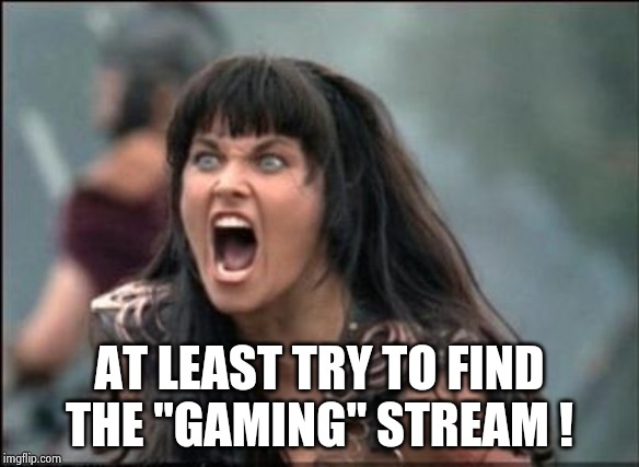 Angry Xena | AT LEAST TRY TO FIND THE "GAMING" STREAM ! | image tagged in angry xena | made w/ Imgflip meme maker