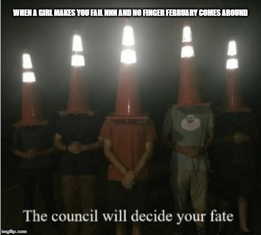 The council will decide your fate | WHEN A GIRL MAKES YOU FAIL NNN AND NO FINGER FEBRUARY COMES AROUND | image tagged in the council will decide your fate | made w/ Imgflip meme maker