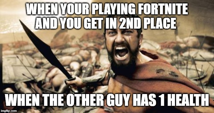 Sparta Leonidas Meme | WHEN YOUR PLAYING FORTNITE AND YOU GET IN 2ND PLACE; WHEN THE OTHER GUY HAS 1 HEALTH | image tagged in memes,sparta leonidas | made w/ Imgflip meme maker