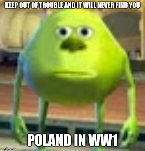 Sully Wazowski | KEEP OUT OF TROUBLE AND IT WILL NEVER FIND YOU; POLAND IN WW1 | image tagged in sully wazowski | made w/ Imgflip meme maker