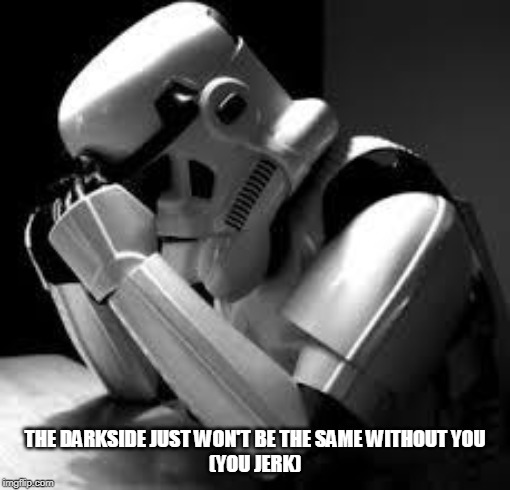 Crying stormtrooper | THE DARKSIDE JUST WON'T BE THE SAME WITHOUT YOU
(YOU JERK) | image tagged in crying stormtrooper | made w/ Imgflip meme maker