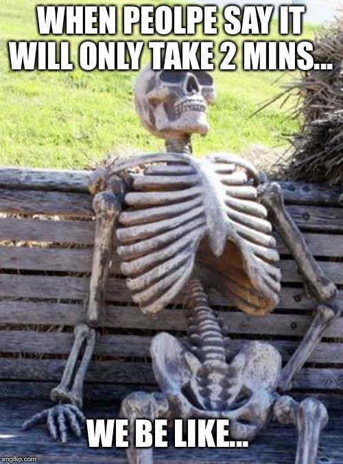 Waiting Skeleton Meme | WHEN PEOLPE SAY IT WILL ONLY TAKE 2 MINS... WE BE LIKE... | image tagged in memes,waiting skeleton | made w/ Imgflip meme maker