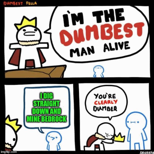 I'm the dumbest man alive | I DIG STRAIGHT DOWN AND MINE BEDROCK | image tagged in i'm the dumbest man alive | made w/ Imgflip meme maker