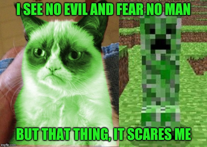 I SEE NO EVIL AND FEAR NO MAN; BUT THAT THING, IT SCARES ME | image tagged in creeper,radioactive grumpy | made w/ Imgflip meme maker
