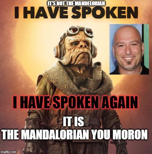 I HAVE SPOKEN | IT'S NOT THE MANDELORIAN; I HAVE SPOKEN AGAIN; IT IS 
THE MANDALORIAN YOU MORON | image tagged in the mandalorian | made w/ Imgflip meme maker