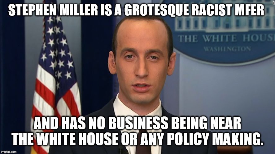 Stephen Miller | STEPHEN MILLER IS A GROTESQUE RACIST MFER; AND HAS NO BUSINESS BEING NEAR THE WHITE HOUSE OR ANY POLICY MAKING. | image tagged in stephen miller | made w/ Imgflip meme maker