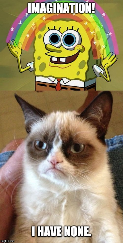 IMAGINATION! I HAVE NONE. | image tagged in memes,imagination spongebob,grumpy cat | made w/ Imgflip meme maker