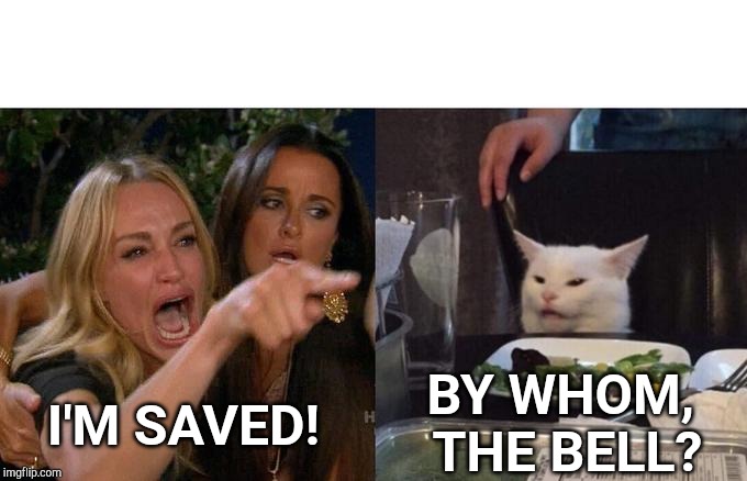 Woman Yelling At Cat | BY WHOM, 
THE BELL? I'M SAVED! | image tagged in memes,woman yelling at cat | made w/ Imgflip meme maker