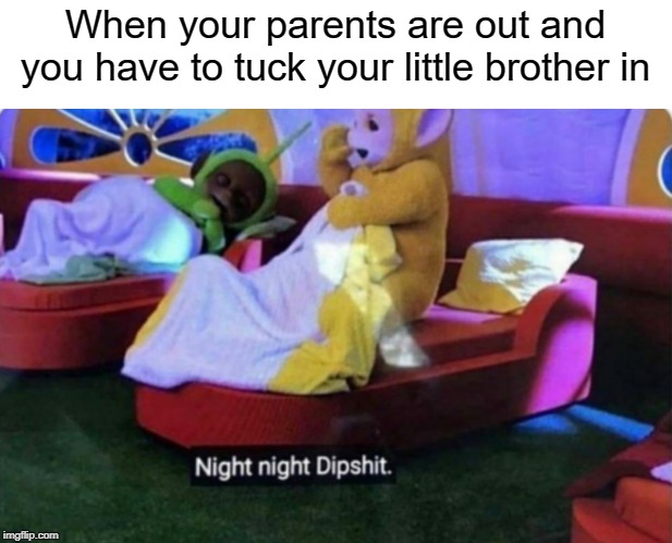 night night, dipshit | When your parents are out and you have to tuck your little brother in | image tagged in shit,funny,memes,teletubbies,brothers | made w/ Imgflip meme maker